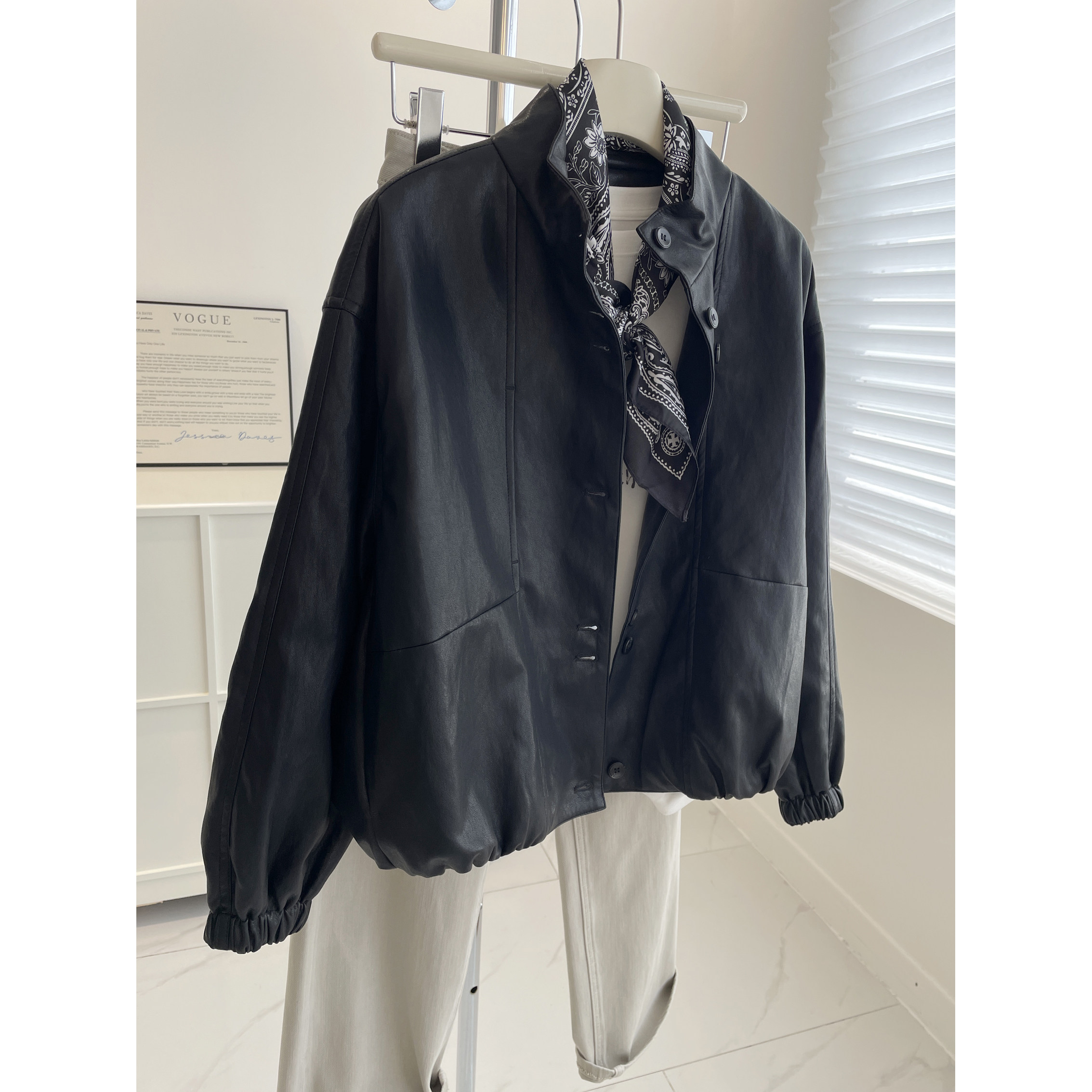 简约立领黑色皮衣外套！春百搭复古显瘦小个子机车服休闲夹克女潮