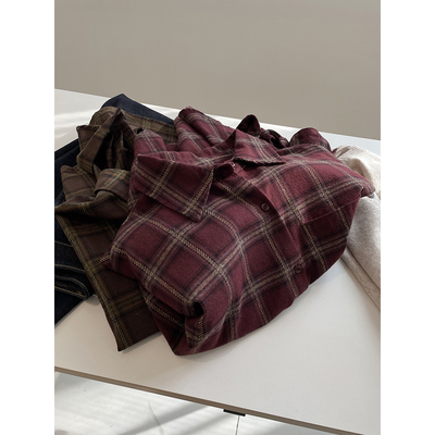 复古显白磨毛棉格子衬衫