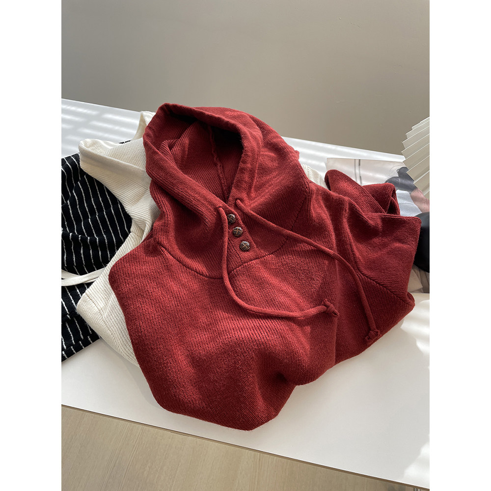 高ji感~韩系纽扣连帽套头毛衣女！24冬季宽松显瘦内搭打底针织衫,女装/女士精品,毛针织衫,淘宝优惠券,粉丝福利购,淘宝优惠卷