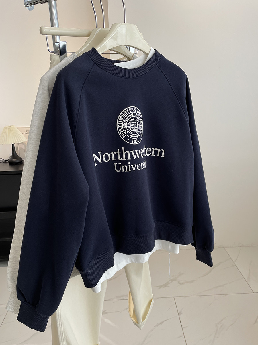 美式复古字母印花圆领加绒卫衣