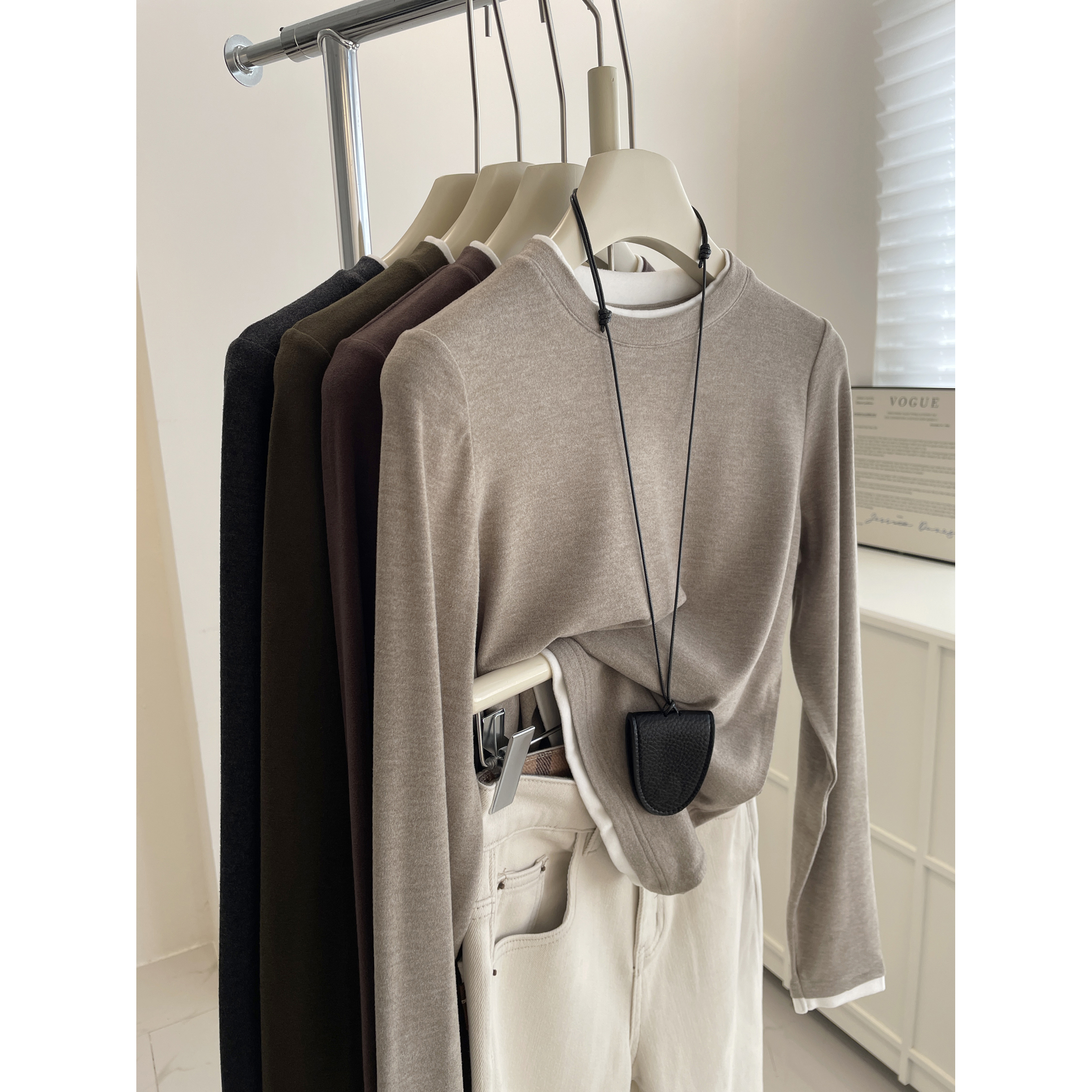 发热暖绒~假二件撞色长袖打底衫