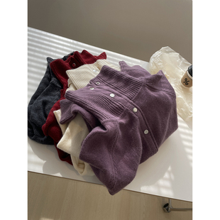 韩系温柔风高领针织开衫女！24冬季浣熊绒立领金属扣翻领羊毛毛衣