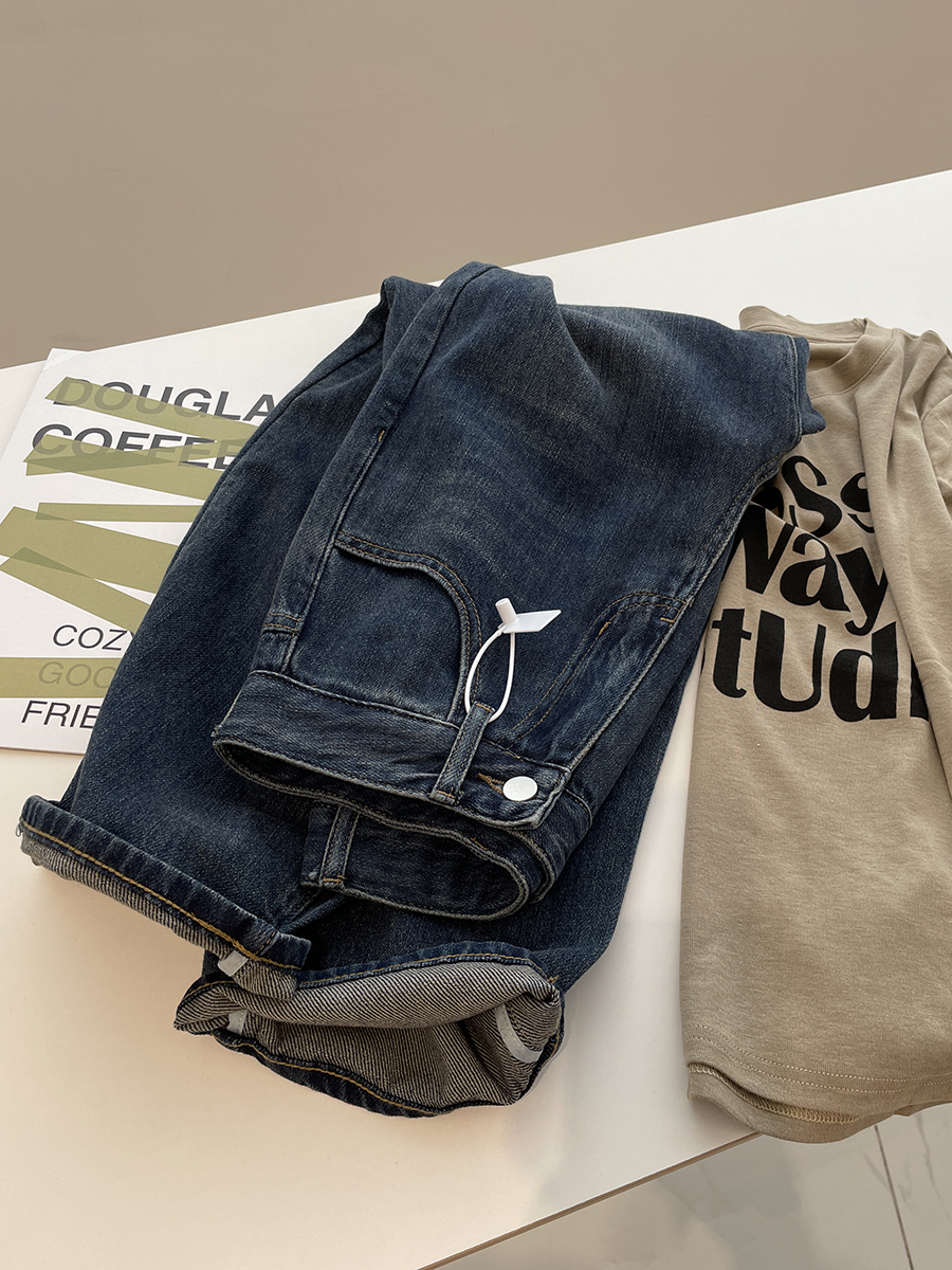 复古深蓝色直筒牛仔裤阔腿休闲裤