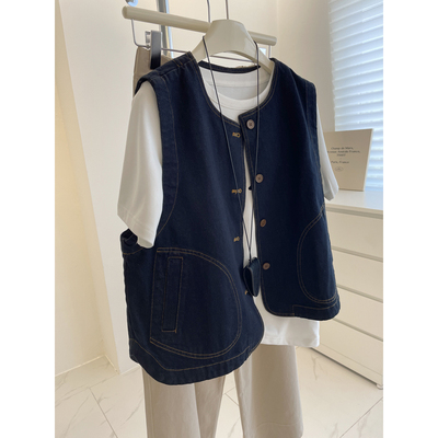 日杂风复古圆领牛仔马甲