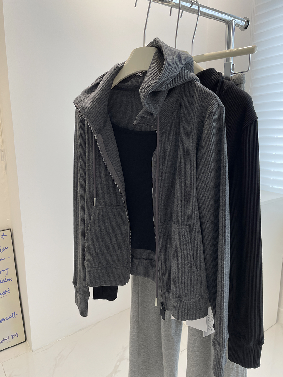 美式复古坑条连帽卫衣短款拉链衫