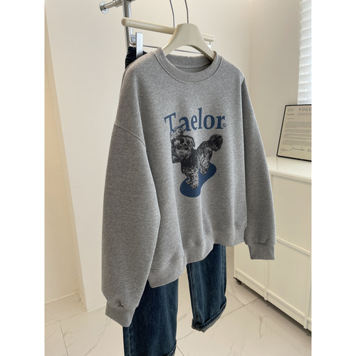 韩系减龄狗狗印花圆领加绒卫衣女！秋冬百搭宽松显瘦套头休闲上衣