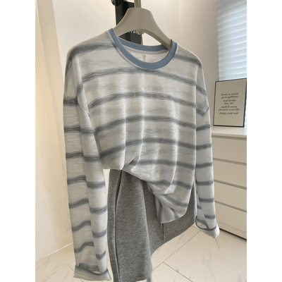 u显白~灰蓝条纹冰丝长袖防晒衫