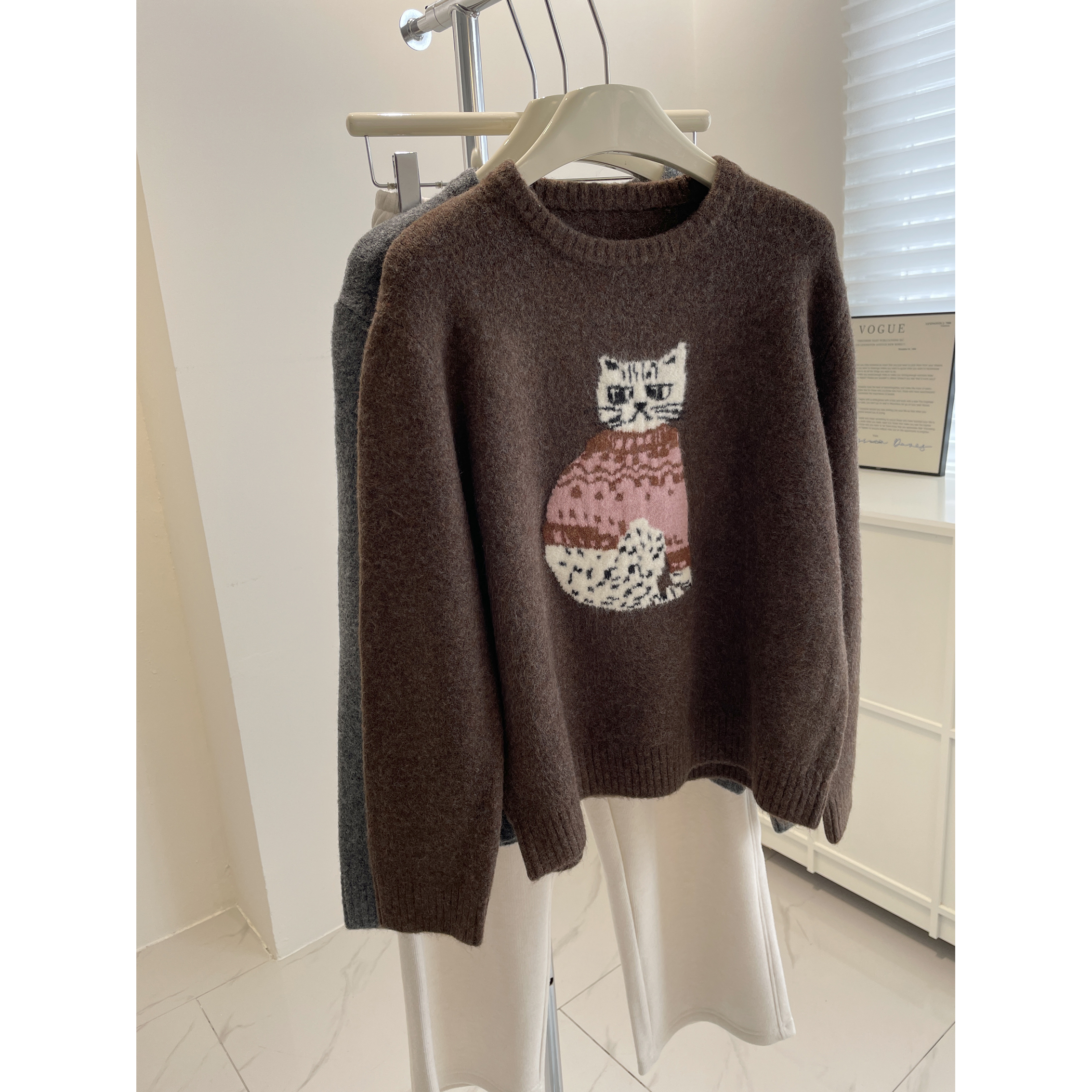 美式提花猫咪糯米绒套头毛衣