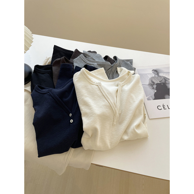 显瘦兰精天丝两扣V领长袖打底衫