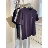 云朵绒小狗刺绣短袖 t恤女 秋厚实磨毛感百搭纯色正肩内搭打底Tee