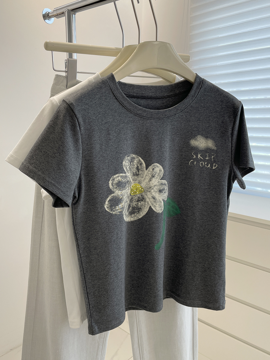 韩系小花朵短袖T恤小个子上衣