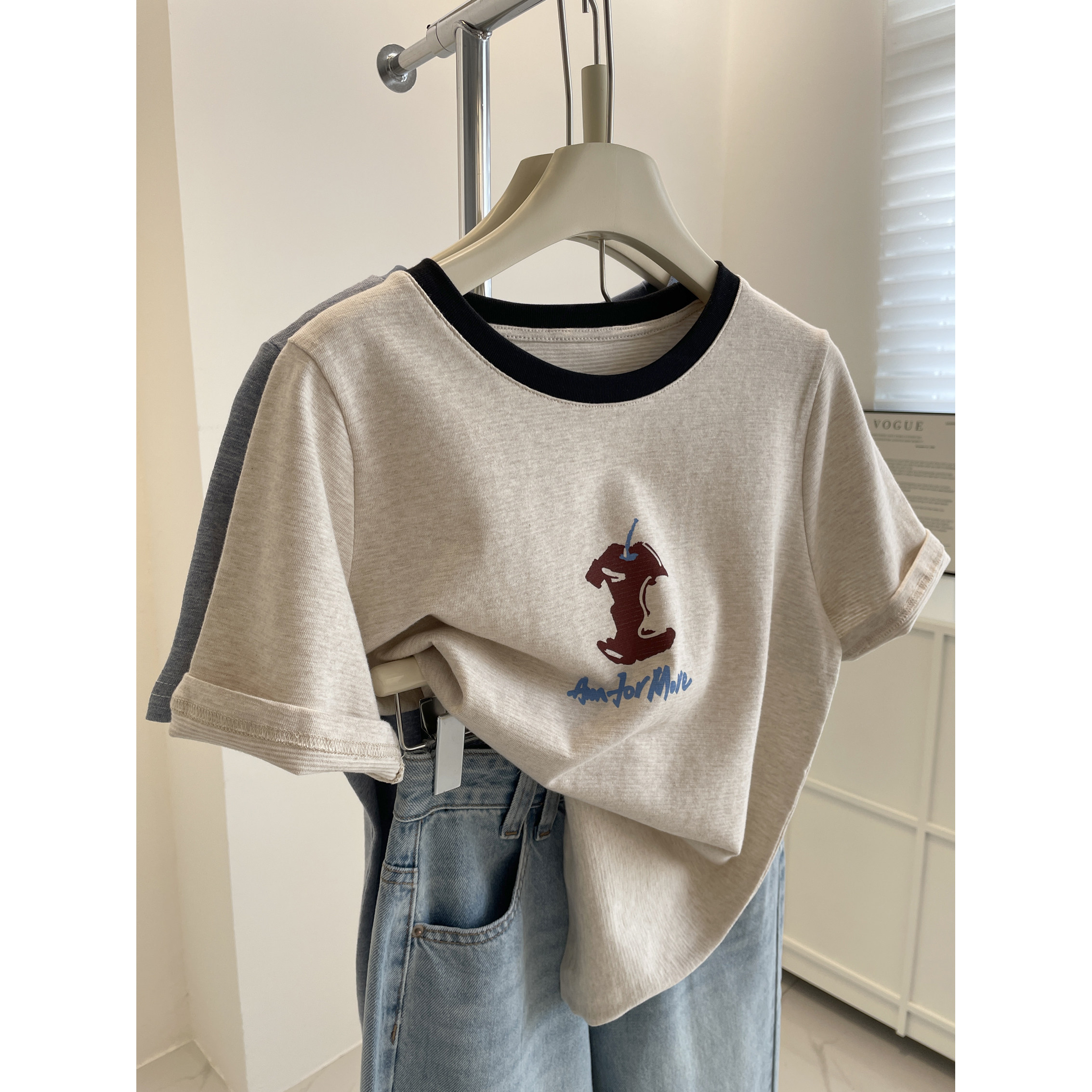复古撞色领口~字母印花短袖t恤女！夏季百搭宽松显瘦圆领休闲Tee