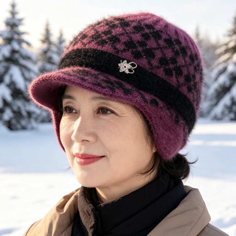 冬季奶奶帽子女带檐加绒护耳针织帽中老年妈妈帽格纹加厚保暖冬帽