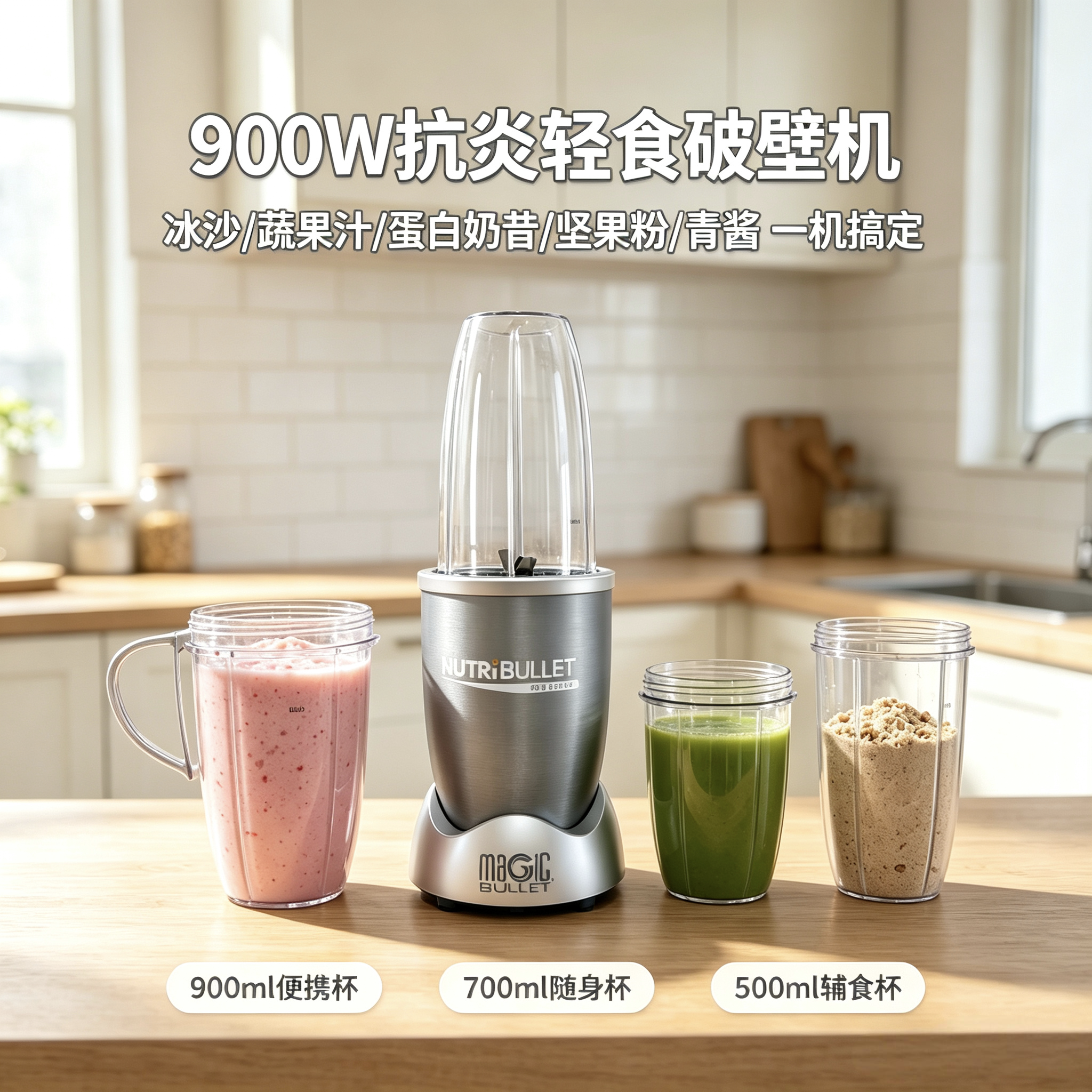 NutriBullet Pro900W家用奶昔抗炎早餐榨汁机冰沙磨粉碎冰破壁机