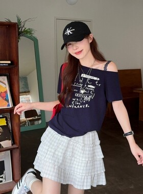 蕾丝吊带斜肩短袖上衣显瘦印花T恤女夏季格子蛋糕裙短裙