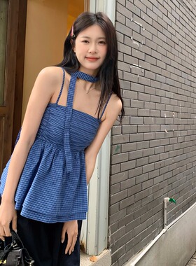 韩系甜辣挂脖蓝色格纹吊带背心上衣