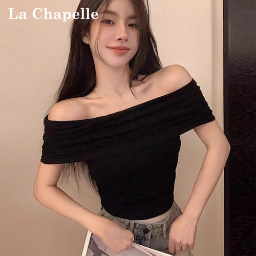 拉夏贝尔黑色一字领短袖t恤女夏