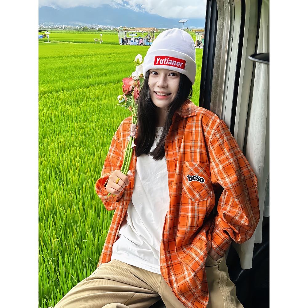 besor橙色刺绣格子衬衫女