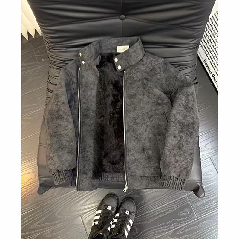 羊羔绒扎染皮夹克外套男款冬季加厚痞帅高级感美式哈灵顿皮衣棉服,男装,夹克,淘宝优惠券,粉丝福利购,淘宝优惠卷