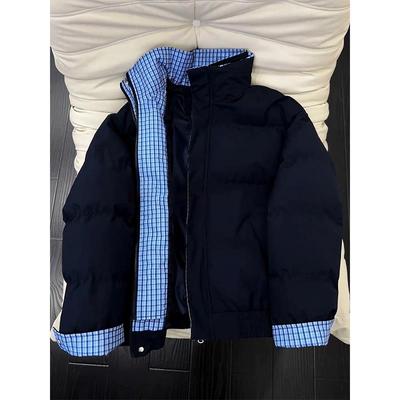 藏青色假两件格子拼接棉服