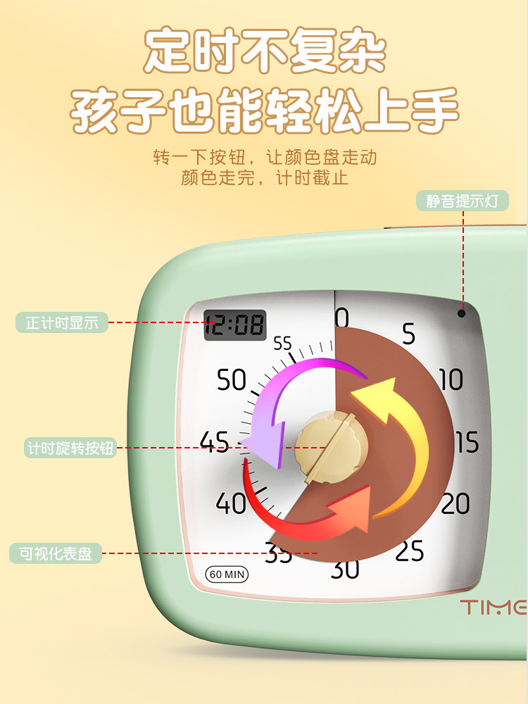 TIMESS 시각적 타이머 시간 관리자 어린이 카운트다운 학생 전용 자기 훈련 작은 알람 시계 타이밍