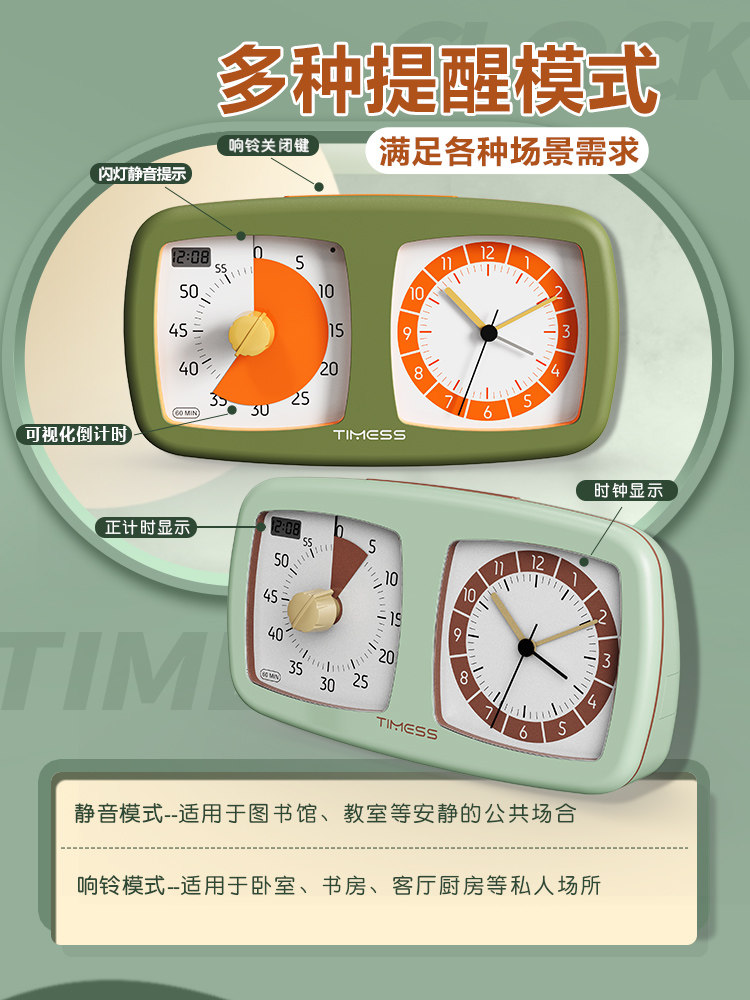 TIMESS 시각적 타이머 시간 관리자 어린이 카운트다운 학생 전용 자기 훈련 작은 알람 시계 타이밍