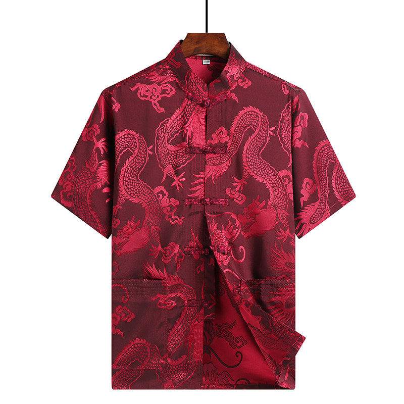 新款中老年男士短袖唐装汉服衬衫桑蚕丝夏装男中式上衣爸爸装盘扣,男装,民族服装,淘宝优惠券,粉丝福利购,淘宝优惠卷
