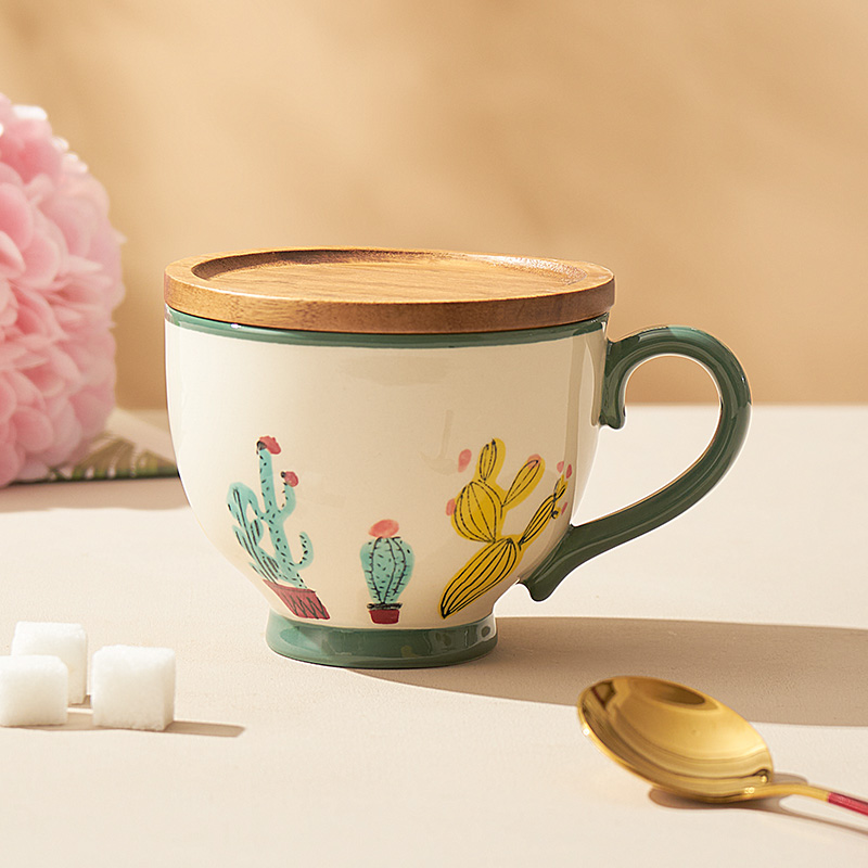 手绘仙人掌早餐杯带盖勺可微波