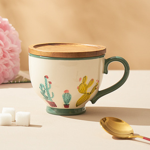 手绘釉下彩早餐杯燕麦片高颜值可加热马克杯带盖勺好看 喝水杯子