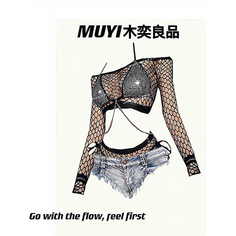 MUYI原创 辣妹性感擦边渔网制服套装酒吧蹦迪gogo舞台演出服女装