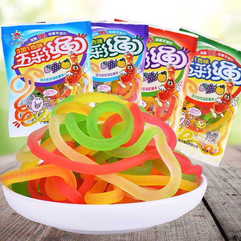 优卡五彩绳橡皮糖五彩虹缤纷软糖混合口味儿童零食多彩造型软糖果