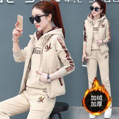 运动服套装女2024秋冬新款加厚加绒时尚洋气跑步服休闲卫衣三件套