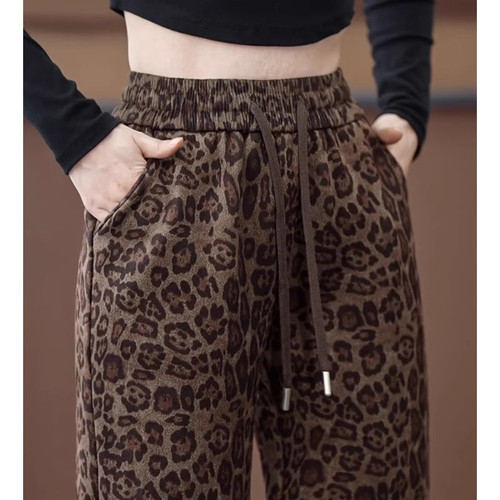 冬款加绒加厚抽绳松紧腰直筒裤子