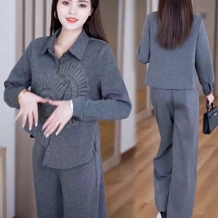 时尚休闲套装女2025春季新款洋气刺绣不规则上衣显瘦阔腿裤两件套,女装/女士精品,时尚套装,淘宝优惠券,粉丝福利购,淘宝优惠卷