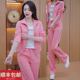 女时尚 新款 韩版 2025春季 两件套 粉色卫衣外套阔腿裤 休闲运动服套装