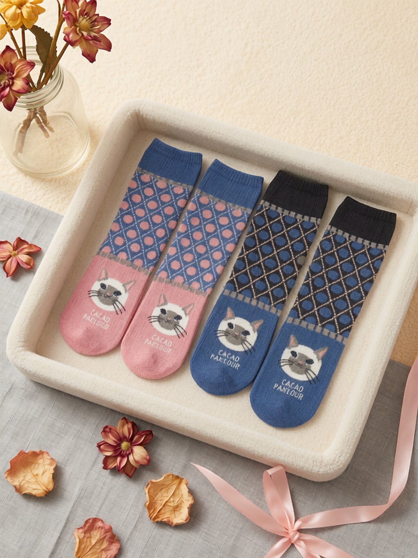 猫星人提花卡通女袜中筒袜保暖外穿秋冬款棉线袜子