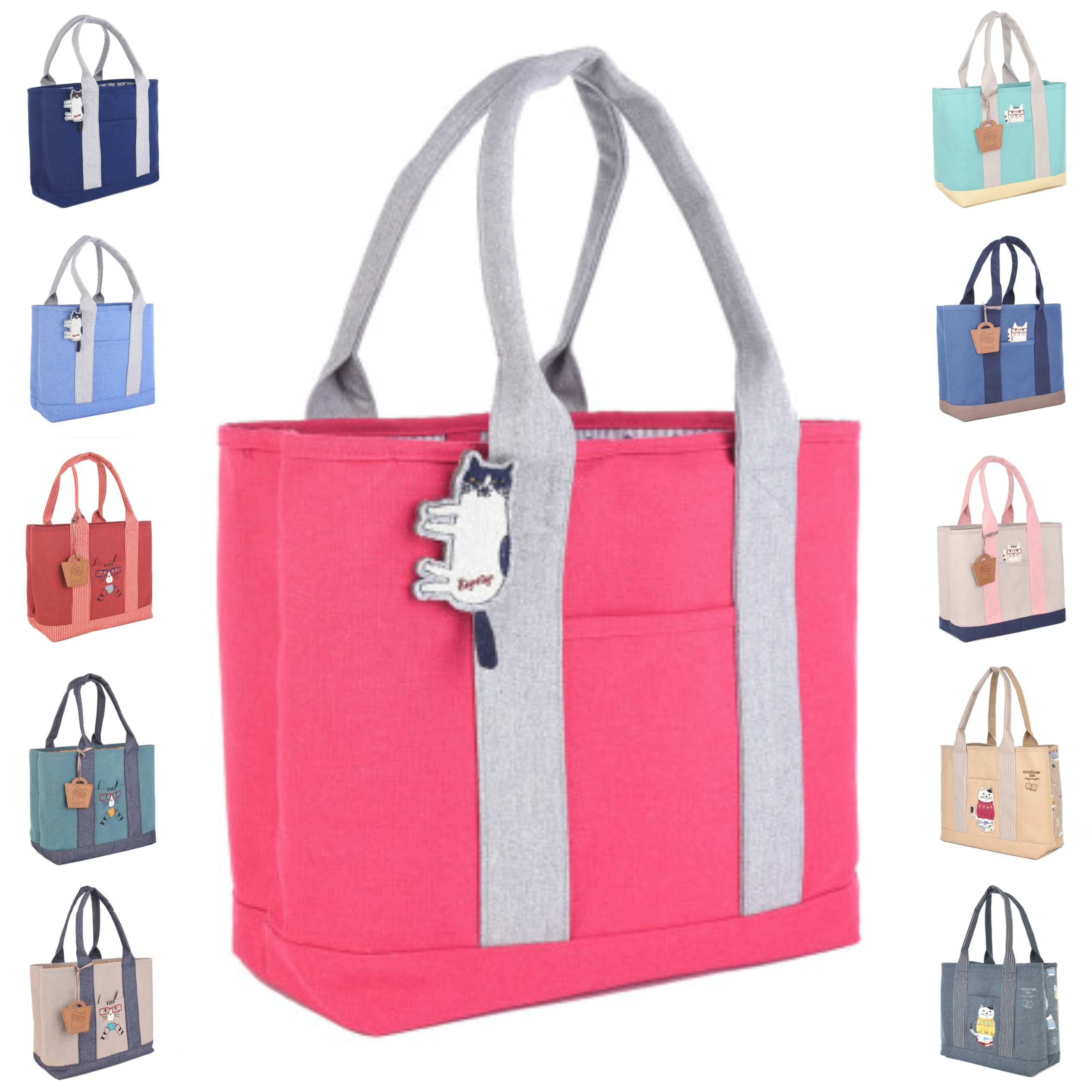 多分隔 大号猫咪印花刺绣手提单肩包托特包可放A4