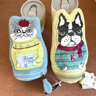 立式笔袋化妆包 绒贴布猫咪法斗刺绣