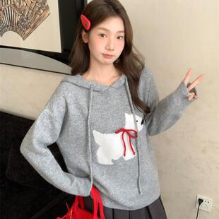 灰色连帽针织长袖毛衣女秋冬加厚外套小狗绣花卫衣内搭打底衫上衣
