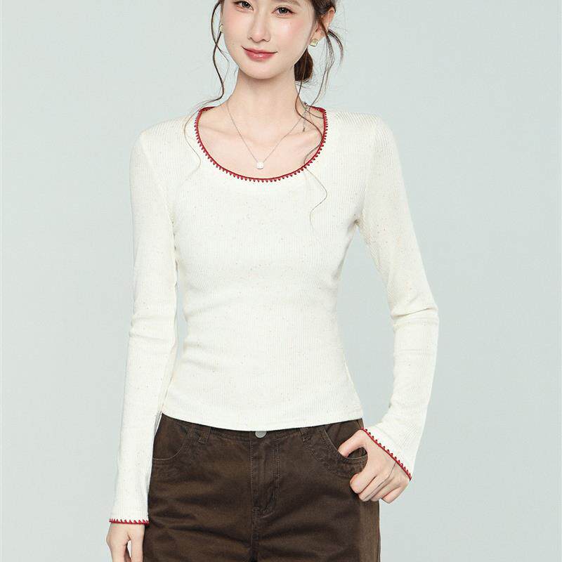 秋冬新款撞色花边设计感白色长袖T恤打底衫内搭可外穿修身上衣女