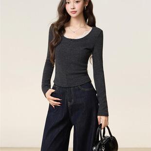 灰色蕾丝V领打底衫内搭秋冬季新款磨毛加绒短上衣假两件长袖T恤女