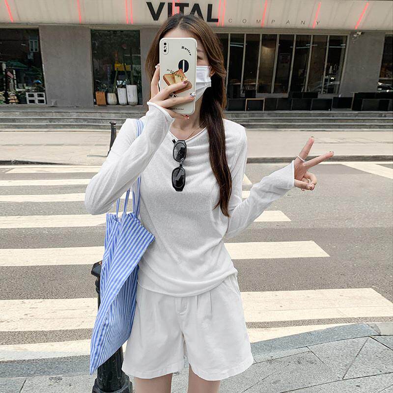 2026新款白色纯色夏季薄款修身圆领长袖t恤女收腰显瘦修身长上衣