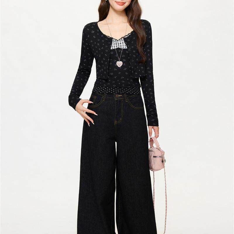 黑色碎花长袖开衫吊带蕾丝背心女2026春夏季内搭打底衫上衣两件套