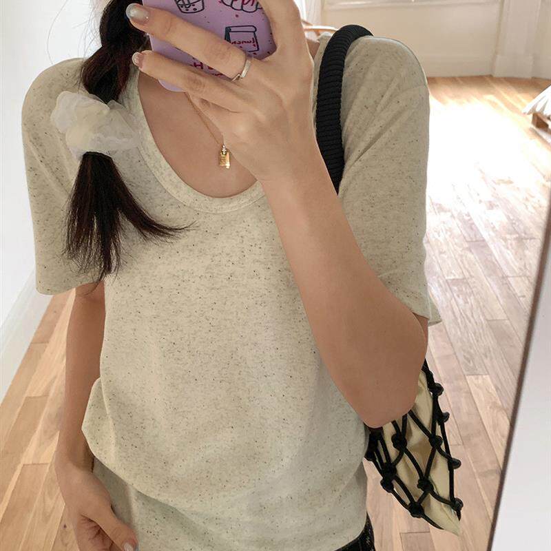 韩系U领露锁骨正肩短袖t恤女2026夏季新款宽松显瘦慵懒风别致上衣