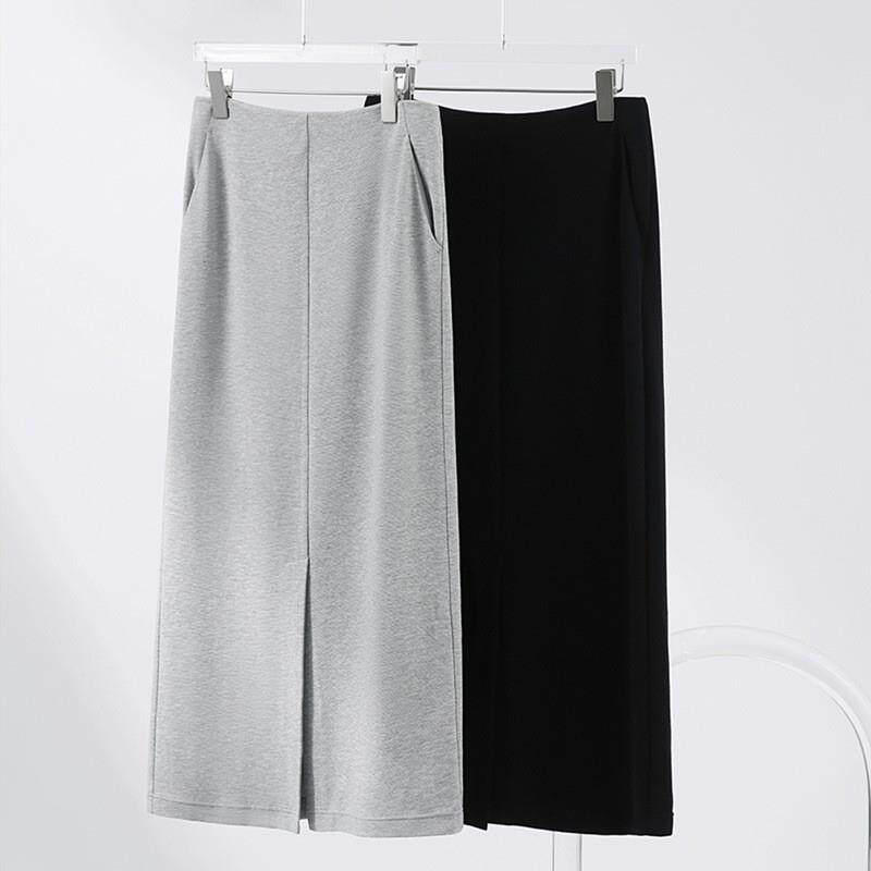 高级感气质前开叉半裙 直筒半身裙黑灰色长裙子 2026春秋季女装