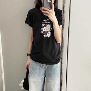 BM 黑色美式吉他hello Kitty印花正肩短袖t恤上衣女2025新款夏