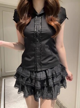 Brandy bm黑色独特超好看蕾丝正肩修身收腰短袖衬衣衬衫女上衣夏