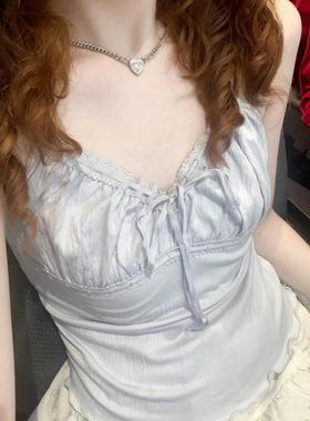 Brandy girl bm蓝色美式纯欲木耳边无袖吊带背心女显瘦外穿短上衣