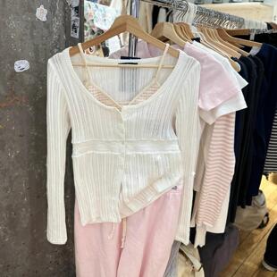 Brandy girl bm白色圆领收腰长袖针织衫女设计感打底毛衣女