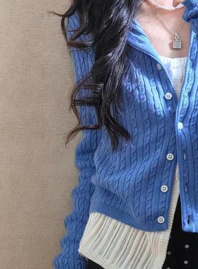 BM美式复古蓝色麻花圆领长袖针织开衫女bm新款百搭打底衫毛衣外套